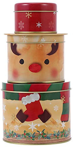 Angoily Boîtes À Biscuits de Noël Ensemble de 3 Ronde boîtes à biscuits en métal pour le donnant, Métal Boîtes avec Couvercles pour Biscuits, Bonbons, Alimentaire Présente (Élan de Noël)