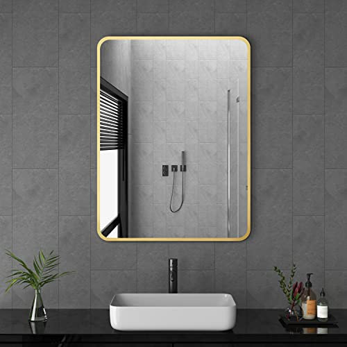 Goezes Spiegel Gold Badezimmerspiegel 40x60cm Gold Rechteckiger Metallrahmen Badspiegel Morden Dekorative Wandspiegel für Waschraum, Waschräume, Schlafzimmer, ohne LED