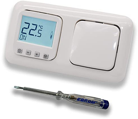 Halmburger Raumthermostat Raumtemperaturregler ERD-1Urg DIGITAL in Busch Jäger Reflex SI alpinweiß mit Lichtschalter 2000/6 US + EBROM Phasenprüfer zur Montage der Geräte ERD-1U (rg) Fußbodenheizung
