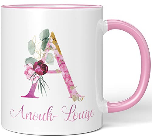 JUNIWORDS Tasse, Anouk-Louise, Name Anfangsbuchstabe Initial Alphabet Floral Buchstabe A Monogramm Motiv, Rosa (5495818)