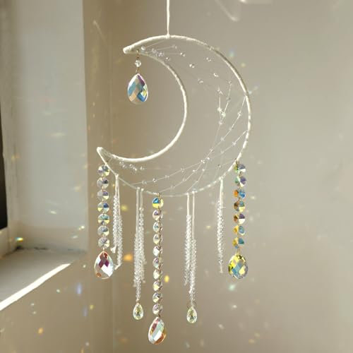 Artilady Traumfänger mit Kristallmond, groß, weiß, mit Kristallen, Sonnenfänger, Boho, Wandbehang, Regenbogen-Traumfänger, Schlafzimmer, Zuhause, Monddekoration, Geschenk für Mädchen, Frauen