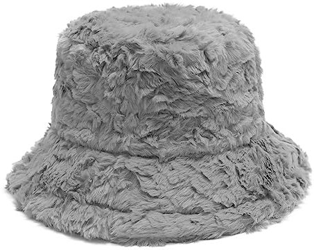 ZLYC Damen Winter Kunstpelz Fischerhut Stricken Bucket Hut(Pelziges Grau)