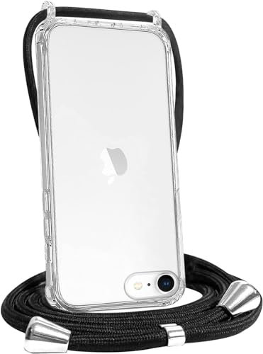 FOQENCCI Crossbody Phone Case for iPhone SE (3rd Gen&2nd Gen) iPhone 7&8 Clear Case with Adjustable Black Lanyard Strap,Crystal Clear Soft TPU + Hard PC Shockproof Mil-grade Protection Bumper Cover