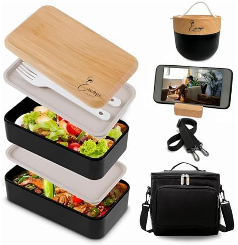 Escape serenity Boîte Bento Lunch Box Noir 2 Étages à Compartiments Avec Bol, Couverts, Petit Sac Isotherme Et Support Téléphone en Bois - Lunch Box Isotherme Pratique Pour Repas au Travail