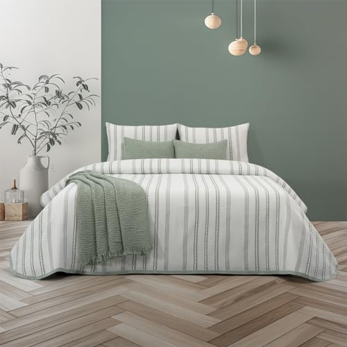Casa da Laura - Colcha Verde Rayas María 240x260 para Cama de 135/140/150/160 - 50% Algodón y 50% Poliéster - de Verano Con Estampado de Rayas