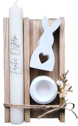Frohe Ostern - Geschenkset - Kerze Stabkerze - Osterhase - mit Kerzenständer - in Holzbox Holzverpackung - Geschenk - Deko