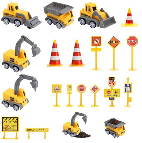 KQDRAVINE Bagger Tortendeko Set, Tortendeko Baustelle Miniatur Deko, Mini Bagger Traktor Kuchendeko Baustelle Verkehrszeichen-Zubehör, Baustellen-Spielzeugauto, Tortendeko-Zubehör