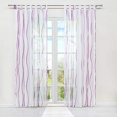 HongYa 1er-Pack Voile Gardine Transparenter Vorhang mit Schlaufen Wellen Druck H/B 225/140 cm Weiß Beere