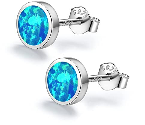 SIMPLOVE Blaue Opal Ohrstecker, 925 Sterling Silber Kleine Runde 7mm Mode Geschenk Schmuck Hypoallergen Ohrringe Damen Mädchen für MuttertagMEHRWEG