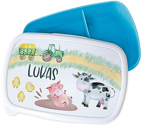 GRAZDesign Brotdose Kinder personalisiert, Lunchbox Kindergarten und Schule, Brotbox in Blau mit Unterteilung, Name und Bauernhof, Geschenk zu Einschulung, Blau