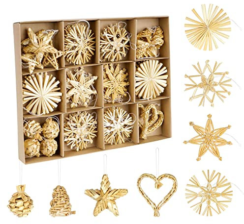 Strohsterne Christbaumschmuck 46-teiliges,Weihnachtsbaumschmuck Stroh mit Natürlichen Akzenten,Handgemacht Weihnachtsbaum Deko aus Stroh mit Schöner Box,Dekoration für Weihnachtsbaum Natürlichem