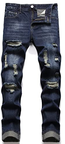 AITITIA Men's Ripped Regular Fit Jeans, 338 Blue, 38