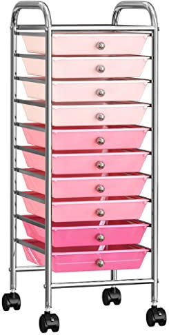 vidaXL Schubladenwagen mit 10 Schubladen Rollcontainer Badrollwagen Roll Friseur Wagen Badtrolley Badregal Schubladenschrank Ombre Rosa Kunststoff