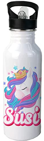 Genérico Botella de unicornio personalizada con nombre, regalo cumpleaños unicornios 500ml con pajita