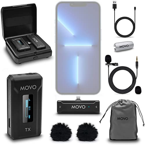 Movo WMX-2-L Kabelloses Lavalier-Mikrofon für iPhone mit Ladekoffer, Onboard-Mikrofon, Ansteckmikrofon, 7-Stunden-Akku, 328-Fuß-Reichweite, einstellbare Verstärkung, LED-Anzeige, Videoaufnahme