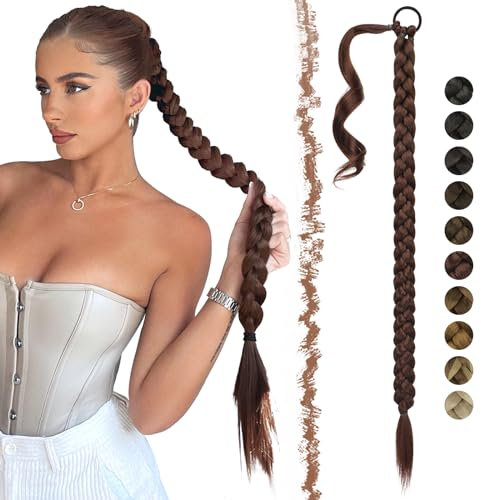 FESHFEN Braid Extensions Pferdeschwanz Verlängerung mit Haargummi, 65 cm Lang Ponytail Geflochten Kunsthaar Haarverlängerung Rötlich Braun Zopf Haarteil für Damen