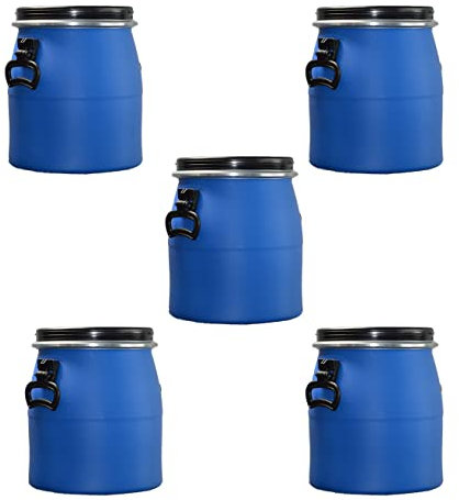 ITP Packaging 5 x 20 Litre Plastic Blue Open Top Storage Barrel Drum Keg Food/Pet Food Storage Container with Lid and Latch Ring, UN Approved, Food Grade for Shipping, Air Tight