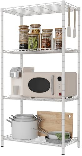 HOMEFORT 4 Regale, verstellbare Aufbewahrungsregale, Metalldrahtregal mit Regaleinsätzen und Haken für Küche, Schrank, Bad, Wäsche, weiß, 53,3 cm B x 27,9 cm T x 109,2 cm H