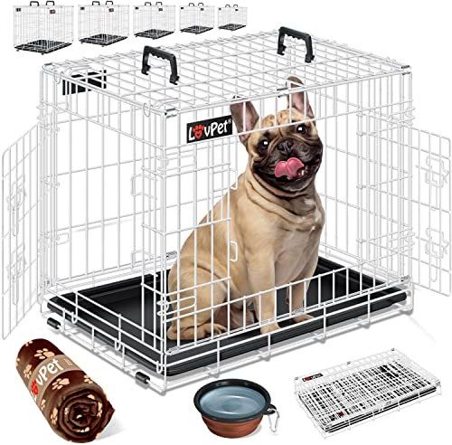 LOVPET® Hundekäfig klappbar Hundetransportkäfig Inkl. Fleecedecke + Napf Hundebox mit 2 Türen Transportkäfig Auto, Tiertransportbox Hundetransportbox mit Bodenschale 77,5 x 48,5 x 55,5 cm M Weiß