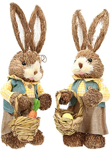 Amosfun Figurines de Lapin Tressées en Paille pour Décoration de Pâques Intérieure, 2 Pièces, Style Cartoon Adorable, Matériau Coton et Paille, pour Décor de Bureau ou Maison