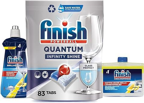 Finish Kit Lavastoviglie; Finish Quantum Infinity Shine Pastiglie Lavastoviglie 83 lavaggi, Brillantante Lemon 500ml, Curalavastoviglie Lemon 250ml
