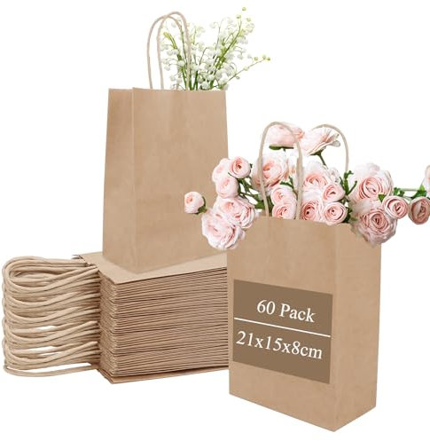 60 Stück Geschenktüten Klein 15x8x21cm kraftpapiertüten klein Braun Papiertüten mit Henkel Mini Papiertragetaschen aus Kraftpapier Ostertüten zum Befüllen für Weihnachten, Geburtstagen, DIY, Ostern