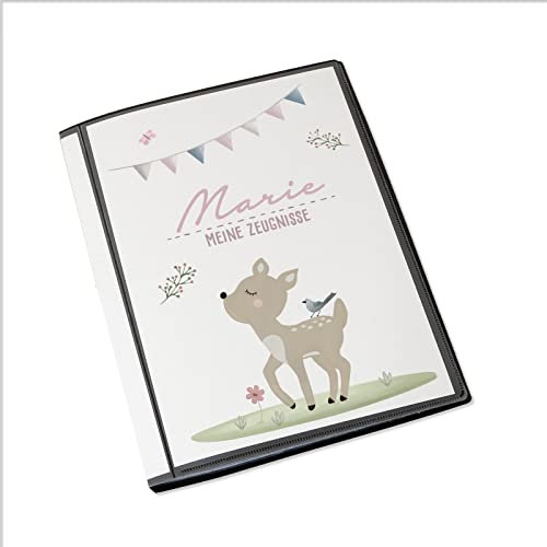 Personalisierte Zeugnismappe Kinder - Personalisiertes Geschenk zur Einschulung - inkl. 20 Klarsichthüllen DIN A4 - Zeugnismappe Mädchen - Zeugnismappe Junge - hellomini (Reh)