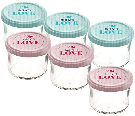Spetebo Marmeladenglas mit bedrucktem Metall Deckel - 6er Set - Einmachglas mit farbigem Schraubverschluss - Einweckglas Honigglas Sturzglas luftdicht Made with Love rosa und grün