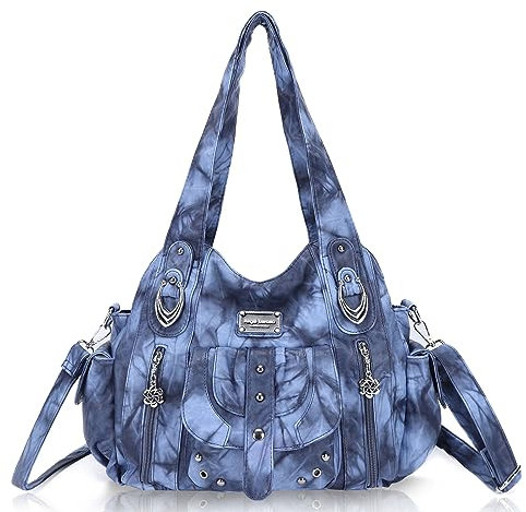 Angel Barcelo Roomy Fashion Hobo Damen Handtaschen Damen Geldbörsen Umhängetasche Schultertasche Tote Gewaschene Ledertasche, Blau 1
