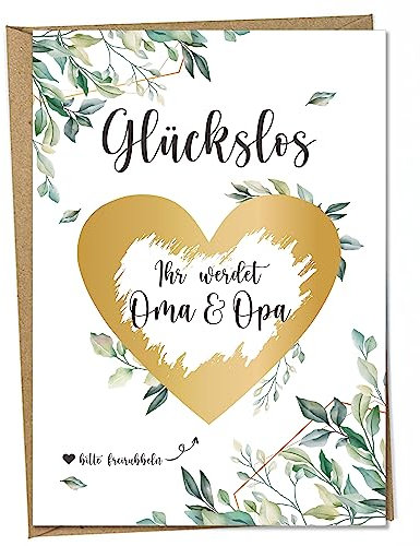 Ninky® Rubbelkarte Ihr werdet Oma & Opa Postkarte mit Kuvert - Schwangerschaft verkünden Oma & Opa - Rubbellos Herz Gold DIN A6