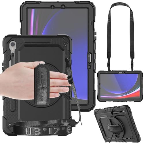 TECHGEAR Utility Hülle Kompatibel mit Samsung Galaxy Tab S9 11,0 Zoll (SM-X710/ X716) Robust Stoßfest Outdoor Schutzhülle mit 360 Grad Schwenkständer, Hand Schultergurt, Eingebaut Bildschirm -Schwarz