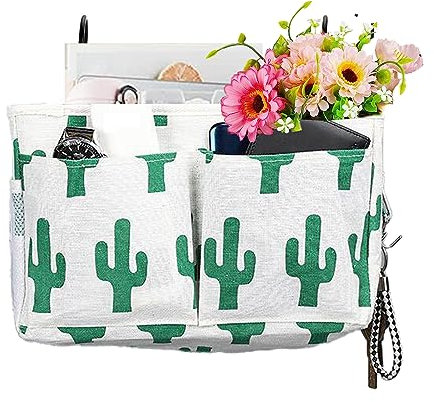 HNJKJEU Bett Organizer Bett Tasche mit Darhthaken Hängetasche Hochbett Aufbewahrungstasche für Buch, Magazin, Handy, Kopfhörer Bett Aufbewahrung (Grün&Weiß)