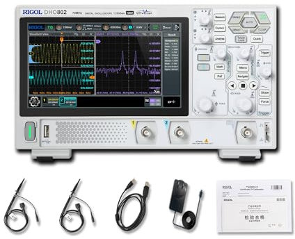 RIGOL Osciloscopio,DHO802 Osciloscopio Digital Portatil,70MHz,2A+EXT canal,Resolución de 12 bits,Pantalla táctil HD 7,compatible con batería externa,ideal para pruebas en campo y enseñanza