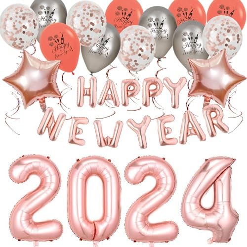 36 Stück Silvester Deko 2024, Silvester Deko Rosegold XXL Folienballon 2024, Happy New Year Banner und Girlande, Silvester Deko für Helium oder Luft