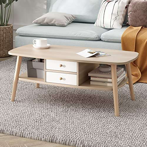 Table Basse Ovale avec Rangement, Table de Salon avec 2 tiroirs de Rangement et étagère Ouverte, Table de canapé Rustique au Fini Grain de Bois avec Pieds en Bois Massif, Table Basse pour CU