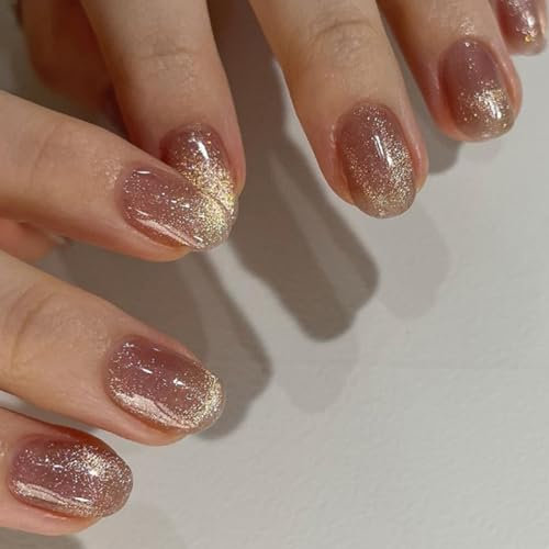 24-Pcs Almond False Nails Short with Adhesive Tabs, Oval Acrylic Full Cover Stick on Nails - French Tip, Cat Eye, Glitter, Removable Glue on Nails for Women & Girls