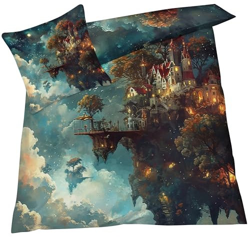 YELDAN Bettwäsche 135x200 Burg, Fantasy Bettbezug, Bettwäsche-Sets 2 teilig, Weich & Bügelfrei Mikrofaser Wendebettwäsche und 1 Kissenbezug 80x80 mit Umschlag