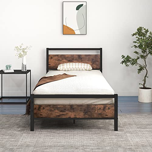 JELUTE Cadre de lit plateforme en métal 90 x 200 cm avec tête de lit et pied de lit en bois et support en acier robuste, pas besoin de sommier tapissier, montage facile, noir