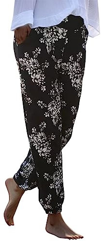 YLLQXI Leinenhose Damen Sommerhosen Damen Leicht Boho Strandhose Damen Lange Haremshose Schlupfhose mit Taschen Blumen Straight Bein Hose Freizeithose Damen Sommer Soft Stoffhose Jogginghose