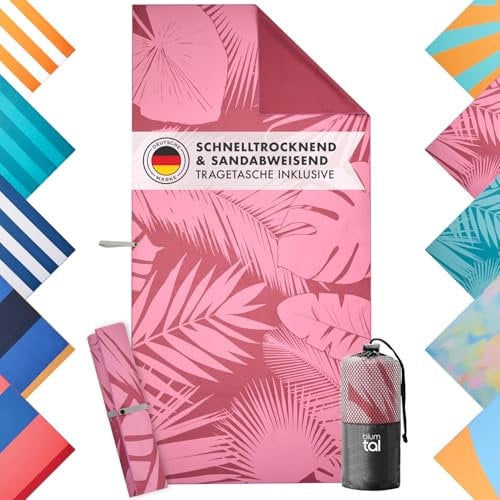 Blumtal Strandtuch XXL aus Mikrofaser - kompaktes und schnelltrocknendes Handtuch/Strandhandtuch 90x180 - Stranddecke sandfrei mit Band - Badetücher - Handtuch Mikrofaser mit rosa Palmen-Motiv
