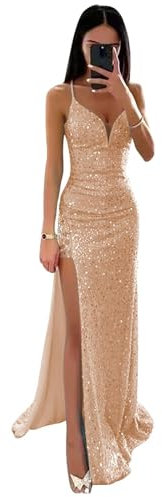 Robes de Bal à Paillettes à col en V pour Les Femmes Bretelles Spaghetti Longue Robe de soirée Formelle de sirène avec Fente Rose Gold S