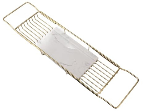 Bathtub Tray with Extending Sides, Stainless Steel and Marble, Gold White, Non-Slip Bath Organizer