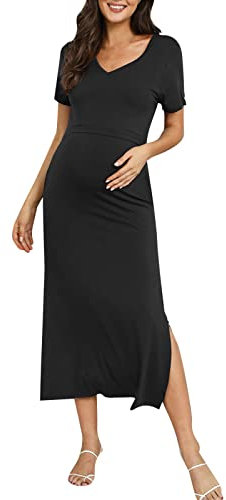 FGUUTYM Sommer Frauen Mutterschaft Kurzarm Nursied Baby Kleid Nachthemd Stillen Nachthemd Kleid Jackeneinsatz Babytrage (Black, L)
