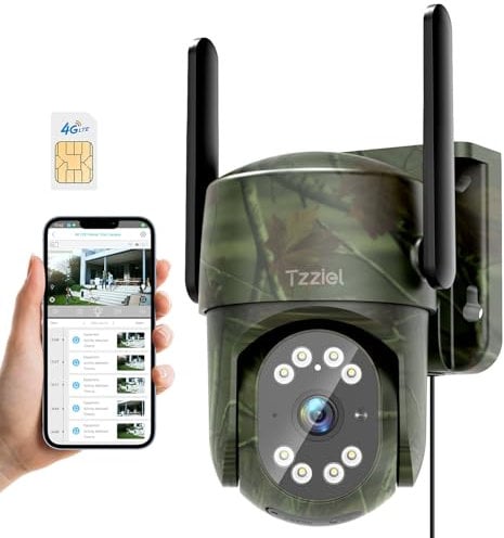 Tzziel 3G/4G Cámara de Vigilancia con Tarjeta SIM, Sin WiFi, Detección de Movimiento PIR con reconocimiento de Personas y Seguimiento automático, Visión Nocturna, Audio Bidireccional, Impermeable.