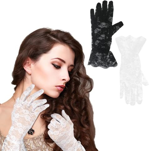 2 Paar Damen Spitzenhandschuhe,elegante kurze Spitzenhandschuhe,Vintage Floral Braut Handschuhe,1920s Handschuhes für Hochzeit Kostüm,für Hochzeitsessen,Teeparty,Cosplay-Handschuhe(Schwarz,Weiß)