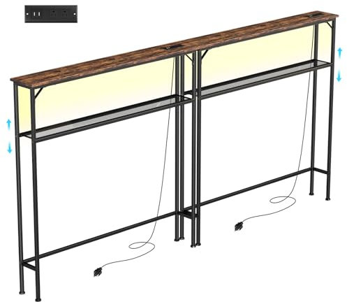 Tatub Couchtisch hinter 2 Steckdosen und LED-Licht, rustikale schmale Konsole, industriell, 2 Etagen, schmaler Eingangssofatisch mit Metallrahmen, für Wohnzimmer, 200,2 cm, 2 Packungen