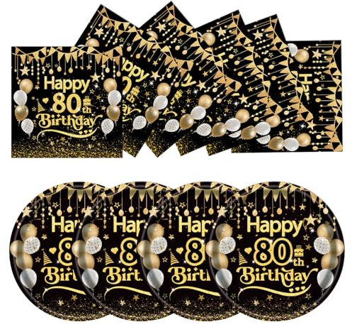 50Pcs Happy Birthday Black and Gold 80th Paper Plates and Napkins Set,25x7inch Paper Plates & 25x6.5inch Napkins Disposable Paper Plates Party Supplies for Man 80th Birthday