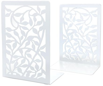 CIGAA Book Ends for Shelves, 1 Pair Heavy Duty Bookends Metal Book Holder Anti Slip Book Stopper for Home Office Library, White Pine
