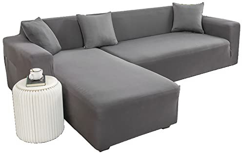 L-förmiger Sofabezug, Ecksofa-Bezug, Stretch-Schonbezüge (2 Stück), Spandex-Stoff, Sektionalsofabezug für 3-Sitzer-Sofa mit Kissenbezug, Grau