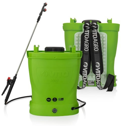 VITO – Pulverizador de jardín 16L con batería VITO – Rociador eléctrico 12 V/8 AH, 6 bares, Autonomía de 4 horas, con boquillas, cargador y lanza telescópica incluida, tratamiento de cultivos, plantas